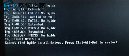 win7旗舰版电脑无法开机，开机提示cannot find hyldr in all dri